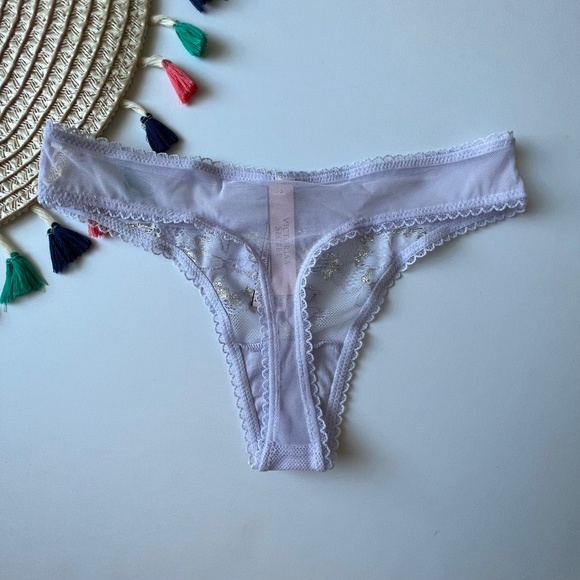 Victoria's Secret Body By Victoria Shimmer Lace-Front Thong Panty Lavender XS - Picture 7 of 7